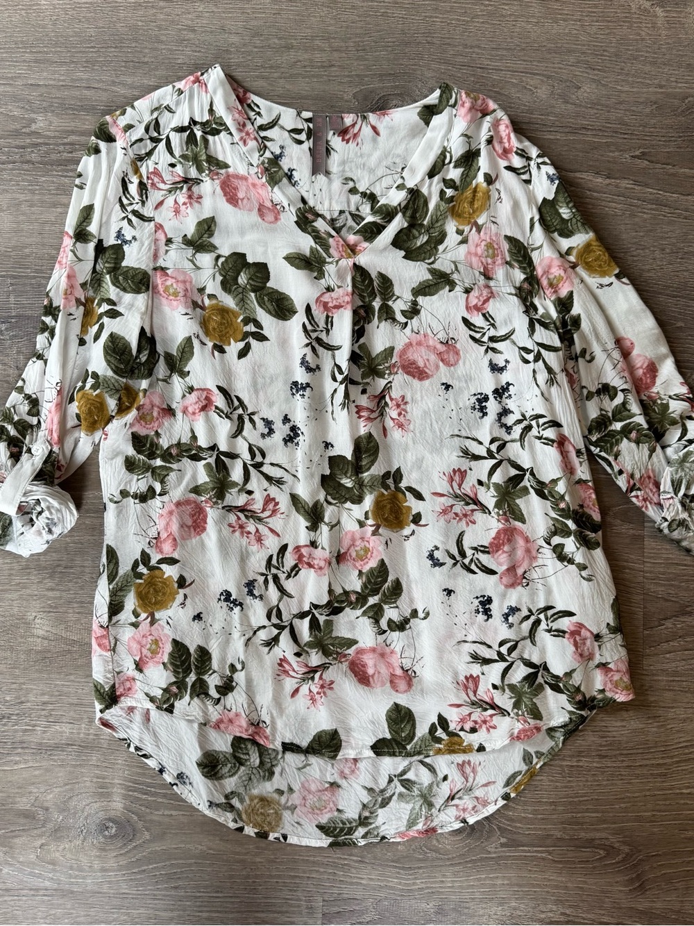 Floral V-Neck Blouse in White with Pink & Olive